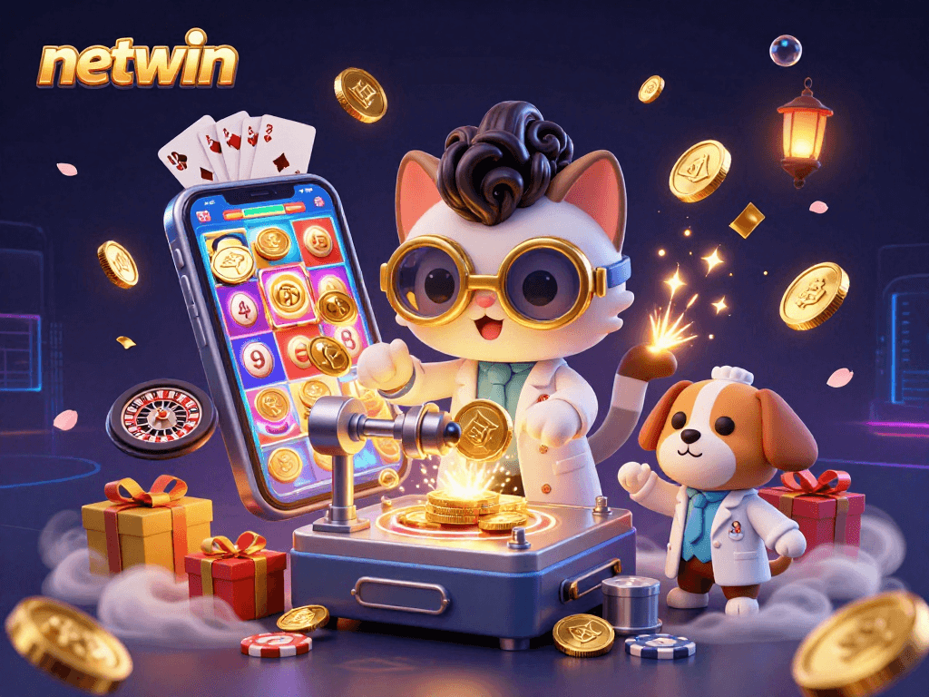 Win big with netwin in this vibrant casino-themed illustration featuring characters and gaming elements.