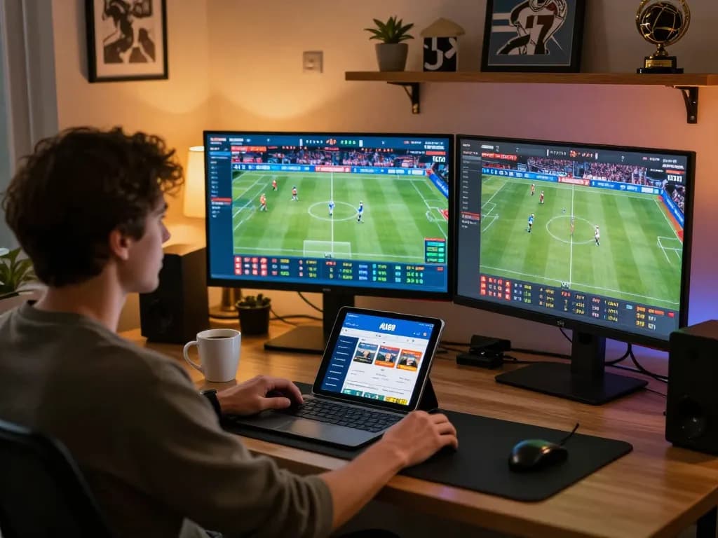 Betting on AU88 with live sports events displayed on multiple screens in a modern workspace