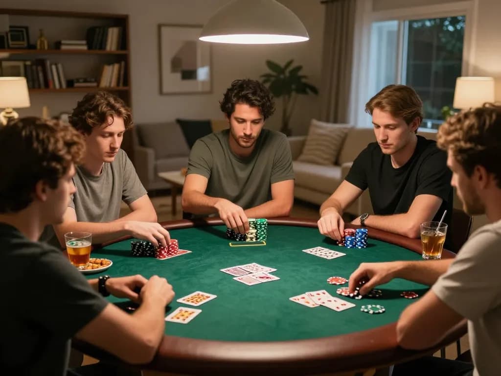 Friends enjoying strategic poker gameplay at home, highlighting rr88 competitive spirit in a cozy setting.