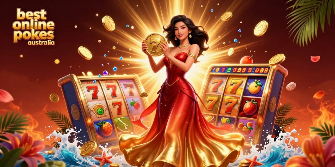 Experience the best online pokies Australia with vibrant 3D digital illustrations showcasing game elements and exciting jackpots.