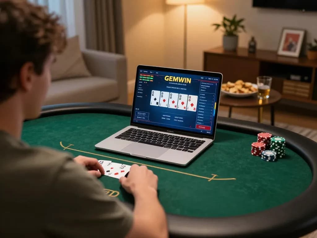 Player enjoying poker at GEMWIN's online casino, emphasizing strategic gameplay in a cozy home setting