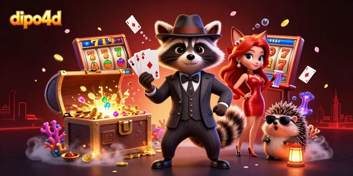 Experience thrilling wins with dipo4d as raccoon gambler celebrates a royal flush amidst vibrant gaming elements.