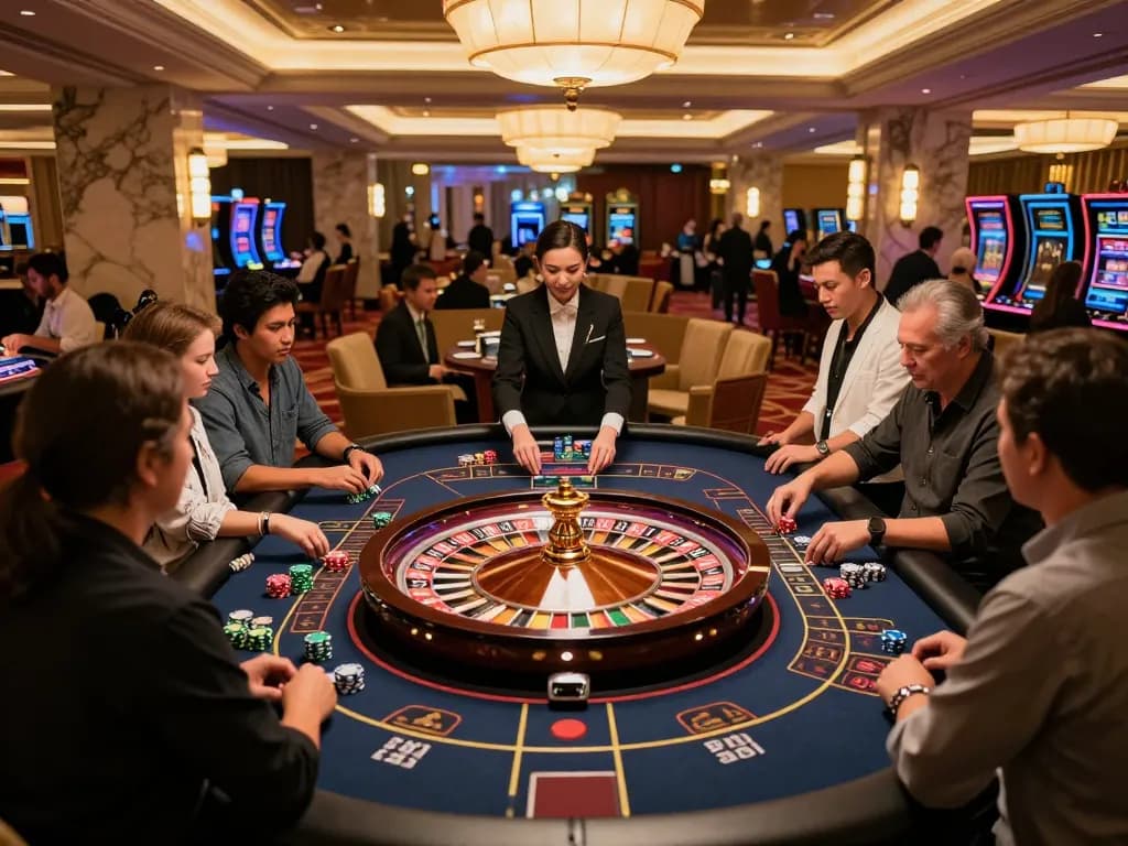VT88 players engaged in thrilling roulette gameplay at an upscale casino with vibrant decor.