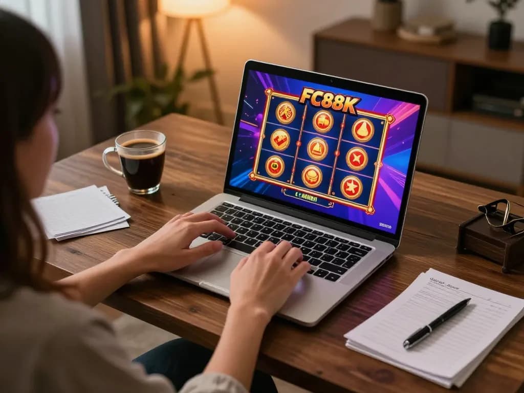 Engaging with FC88K gaming interface on a laptop in a stylish home setting.