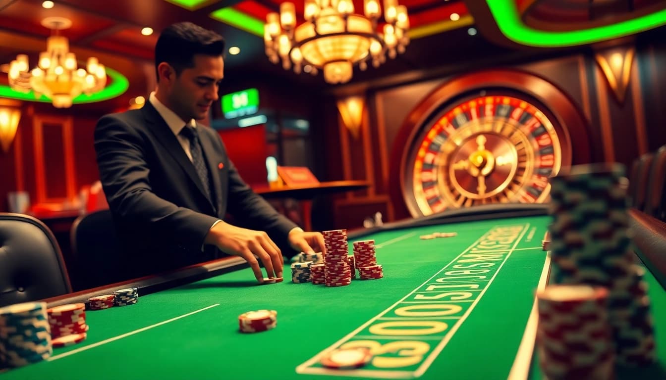 King88 gaming table featuring vibrant visuals with poker chips and roulette wheel in a luxurious casino setting.