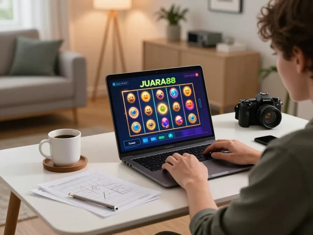 JUARA88 player engaging in online slots game at modern home setup, emphasizing comfortable gaming.