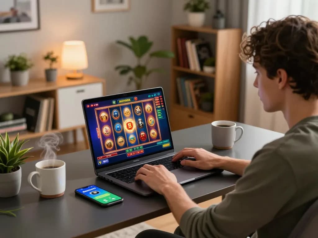 Person engaged in online gameplay on Betbdt, showcasing a vibrant slot machine interface on a laptop.
