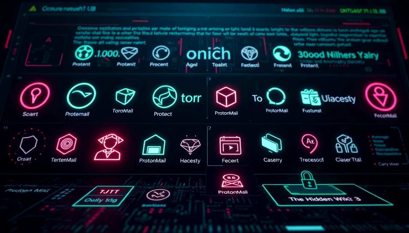 The Hidden Wiki interface showcasing various dark web .onion links with vibrant colors and modern design elements.