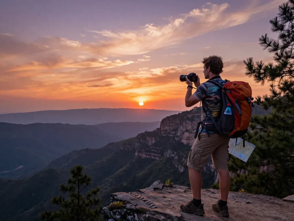Traveler at a scenic viewpoint during sunset, ready to capture the breathtaking view of valleys and mountains, showcasing the spirit of Fly88.