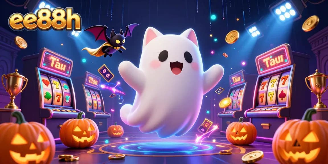 Experience the thrilling world of ee88h with a ghost cat in a haunted casino, surrounded by slot machines and golden trophies.