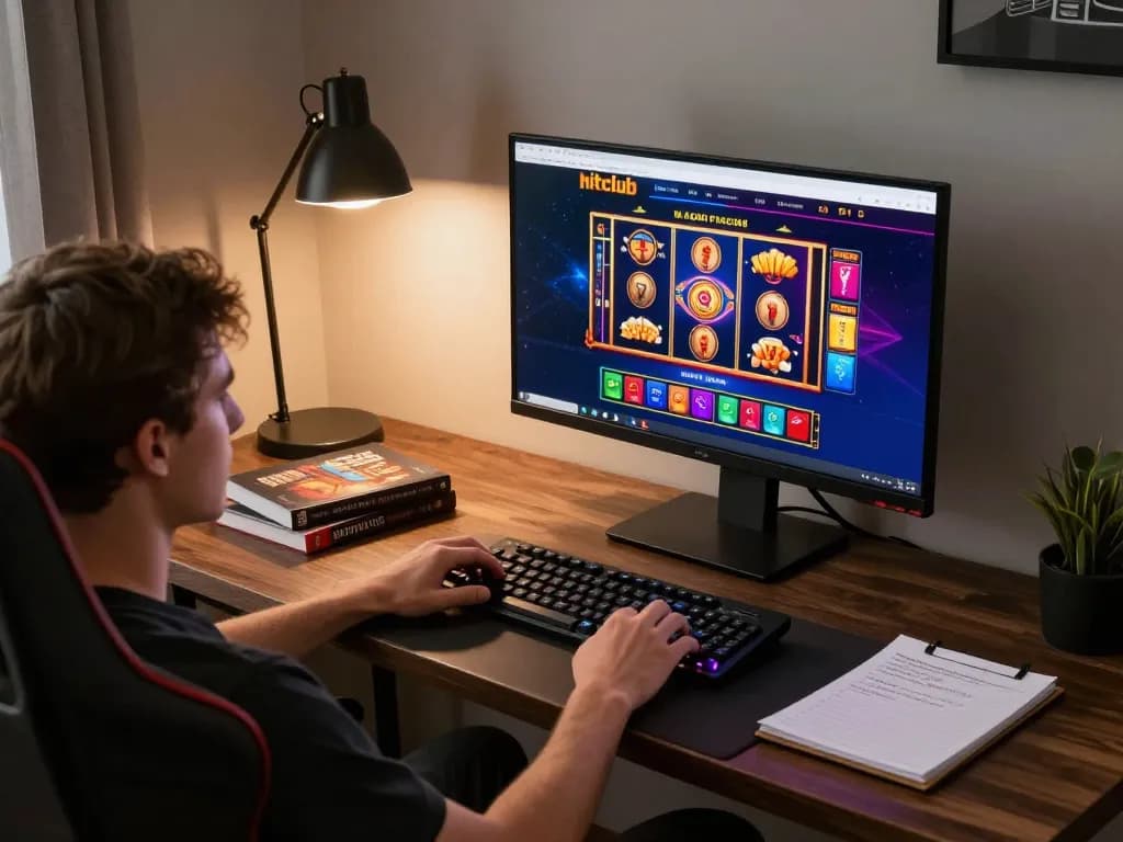 Engaging in online gaming on hitclub with vibrant graphics and strategic notes.