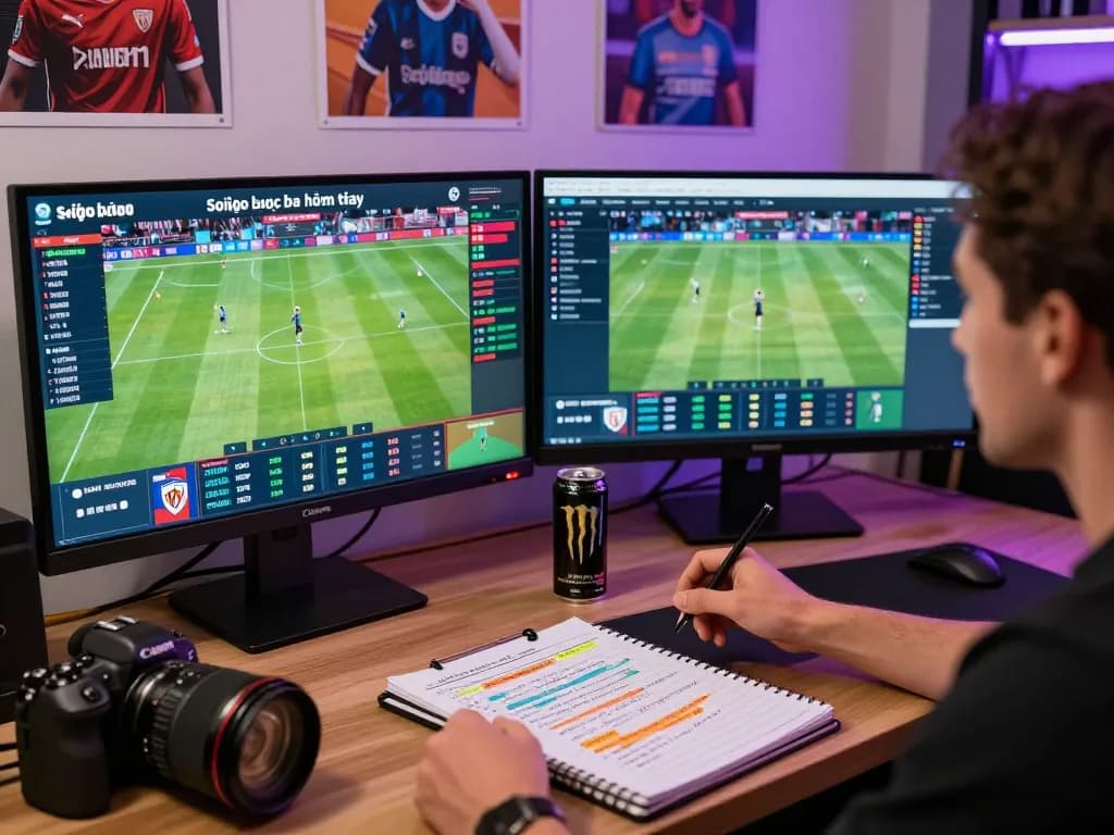 Soi kèo bóng đá hôm nay analysis with sports analyst and betting odds displayed on dual monitors in a vibrant betting environment.