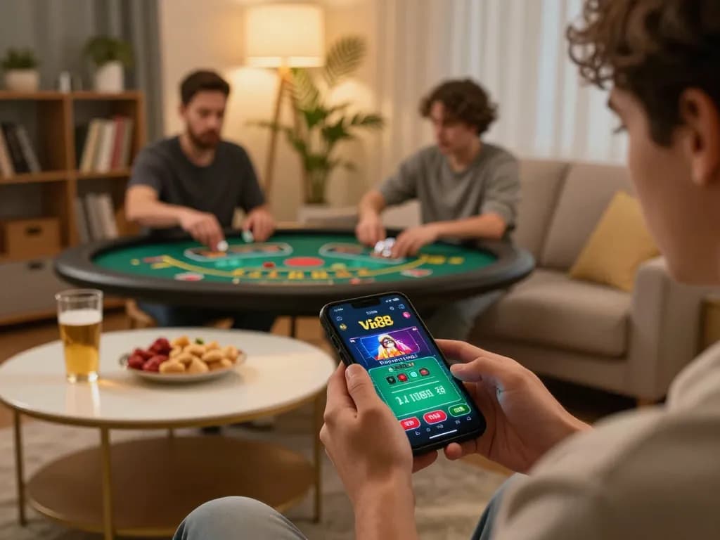 Engaged player enjoying Vin88 casino app on a mobile device during a relaxing at-home gaming session.