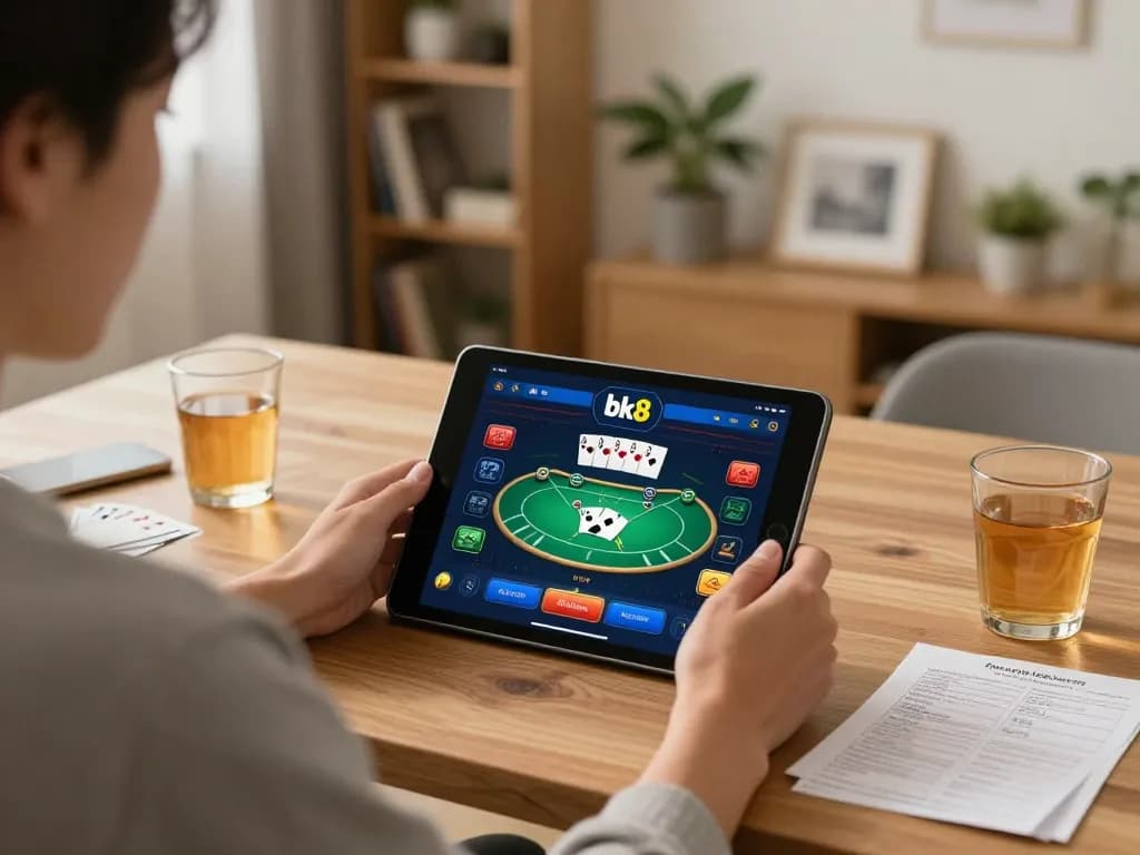 Engage with bk8's online gaming platform, featuring a vibrant poker game on a tablet in a cozy home setup.