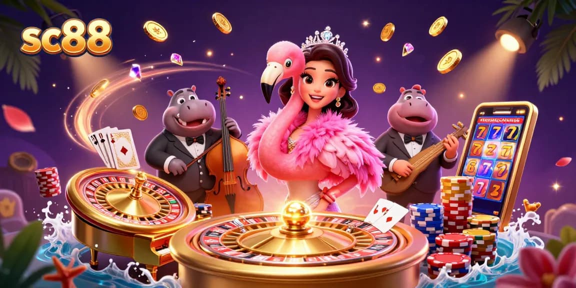 Spin to win with sc88 at a vibrant casino, showcasing cartoon flamingo and hippo surrounded by coins and jewels.