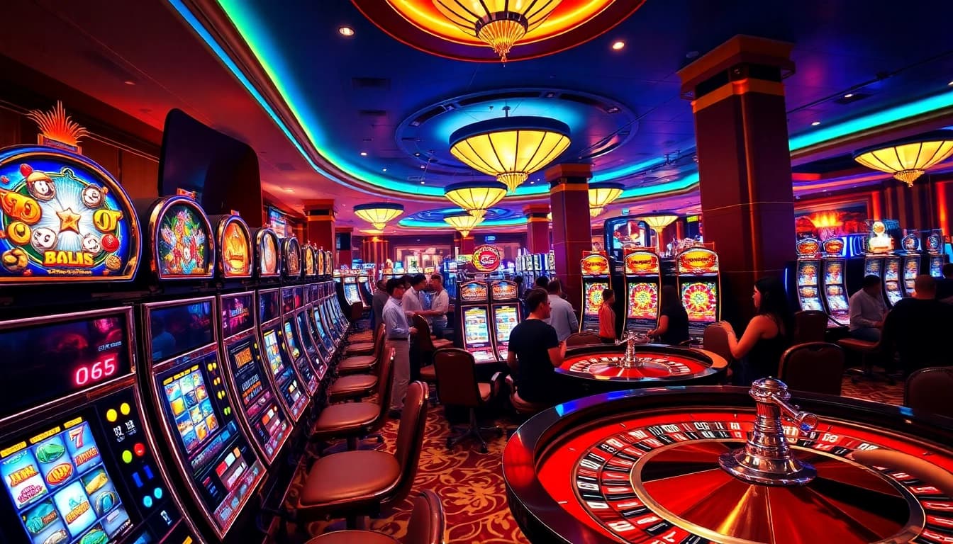 Pemain yang terlibat dengan mesin slot yang menarik di lingkungan kasino yang mewah.