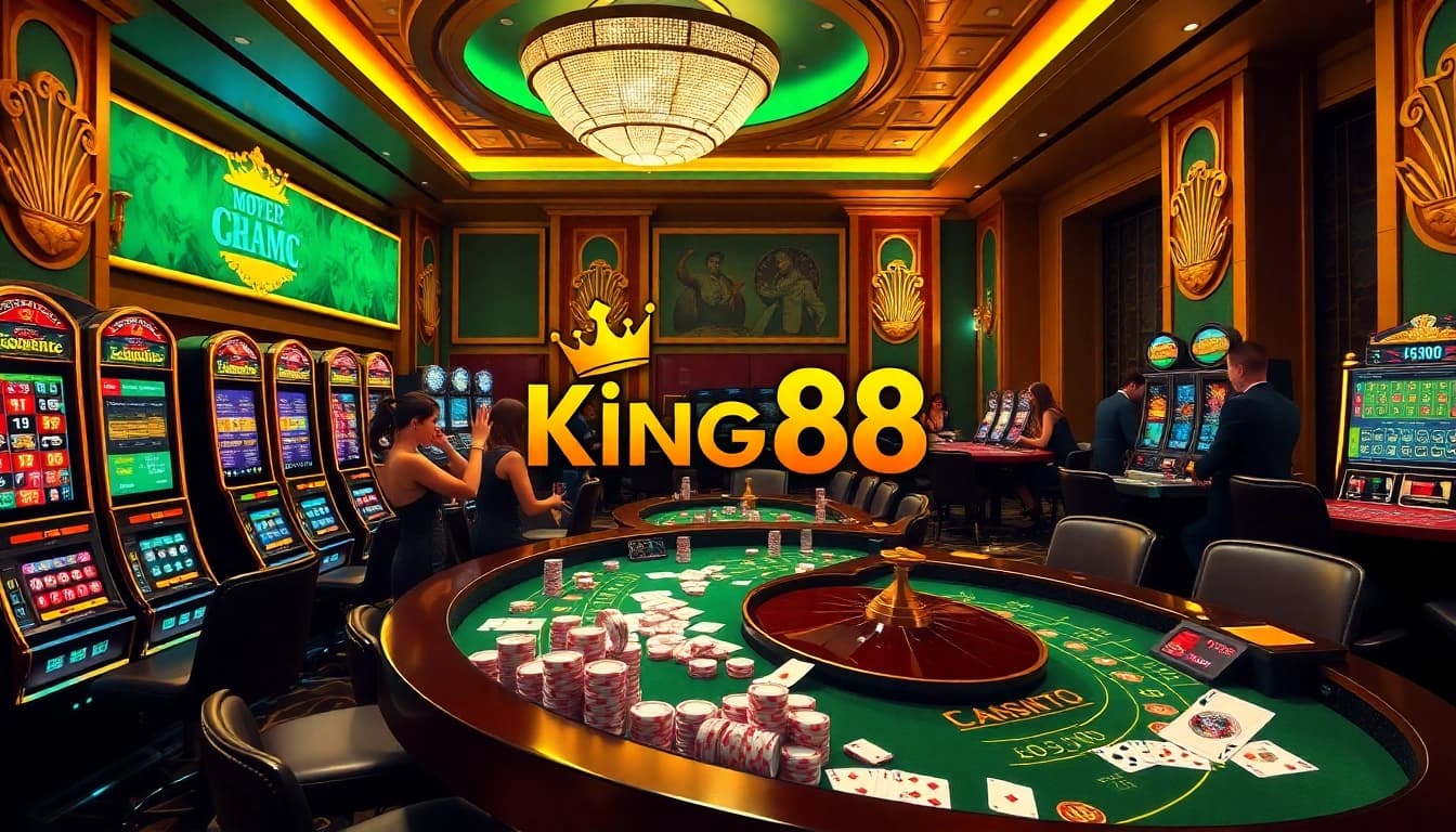 Experience the excitement of King88's casino scene with players immersed in high-stakes games and vibrant slot machines.