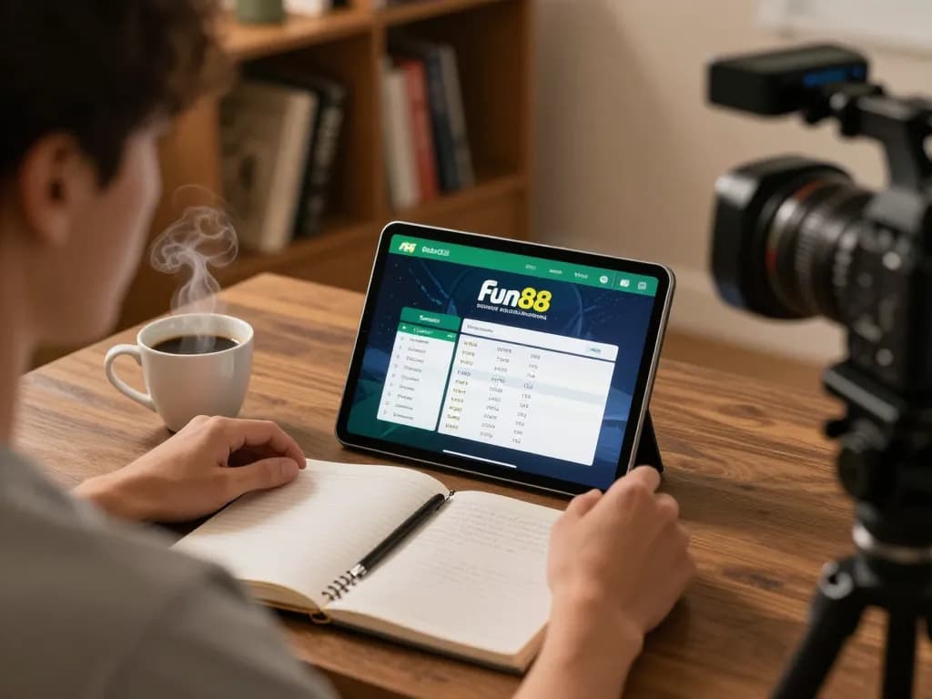 Enjoying Fun88 online sports betting on a tablet in a cozy home setup with strategy notes.