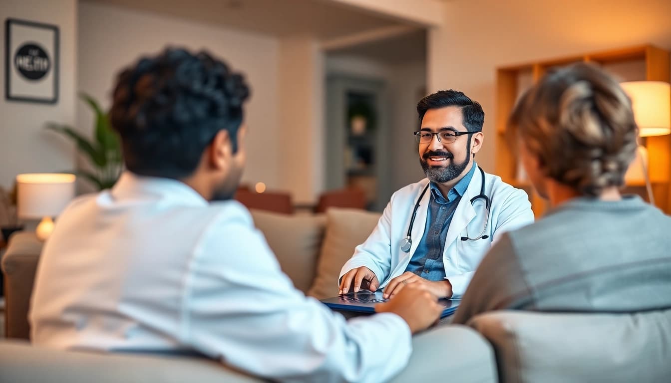 Engaging online urgent care doctor visit showing doctor and patient interacting via a video call.