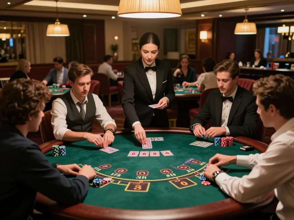 Players at a luxurious blackjack table engaging in strategic gameplay at f8beta2 casino.