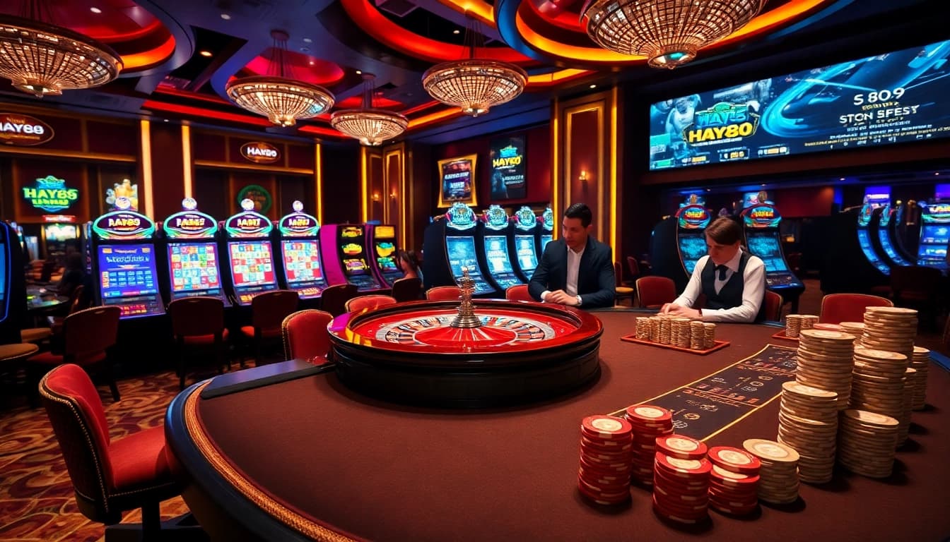 Gamblers enjoying a thrilling game at HAY88 casino with vibrant tables and slots.