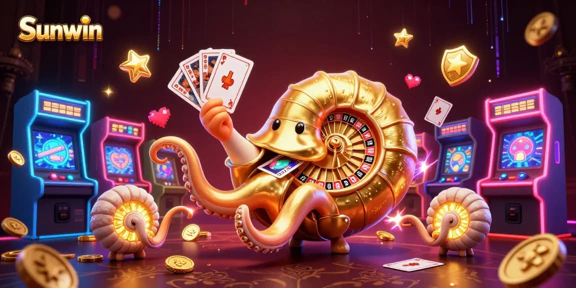 Sunwin's vibrant gaming scene showcases a nautilus roulette wheel and glowing arcade machines.