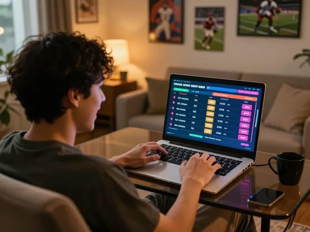 LV88 player engaging in sports betting from home, laptop displaying live odds and bets.