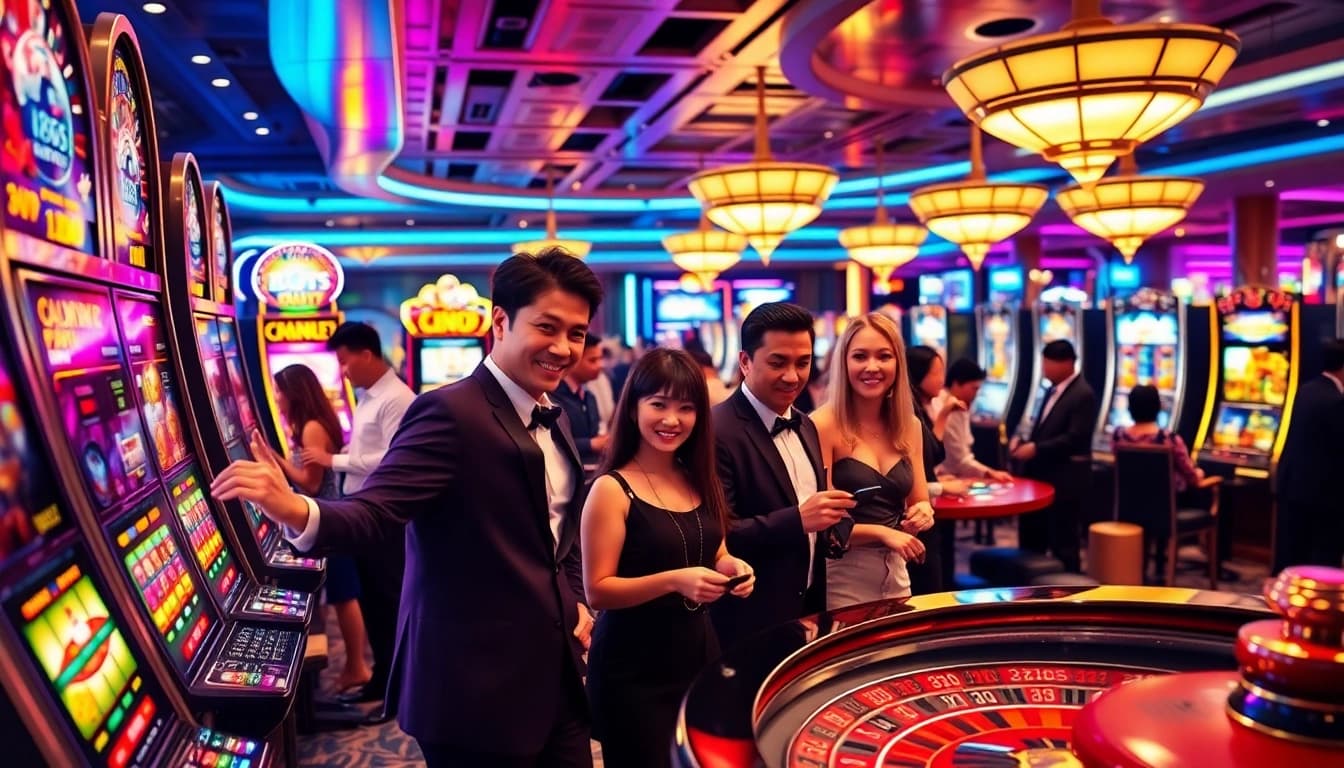 Excited gamblers enjoy the thrilling atmosphere of BRO138 at a luxury casino.