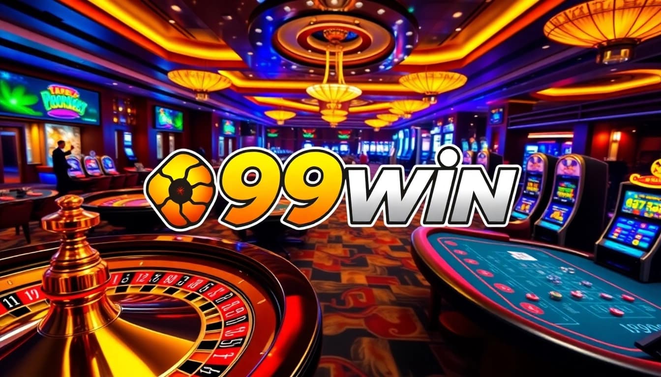 Experience thrilling gameplay at 99win with vibrant casino chips and roulette wheels.