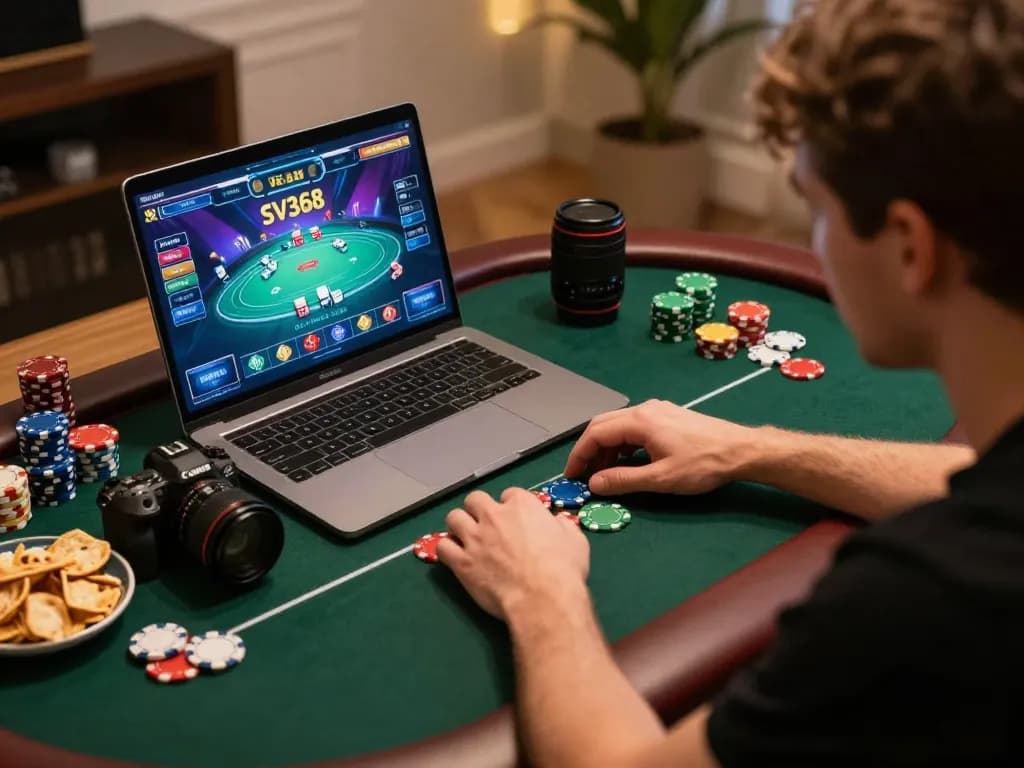 Player engaging with SV368 online casino game on laptop, enhancing strategic gameplay experience.