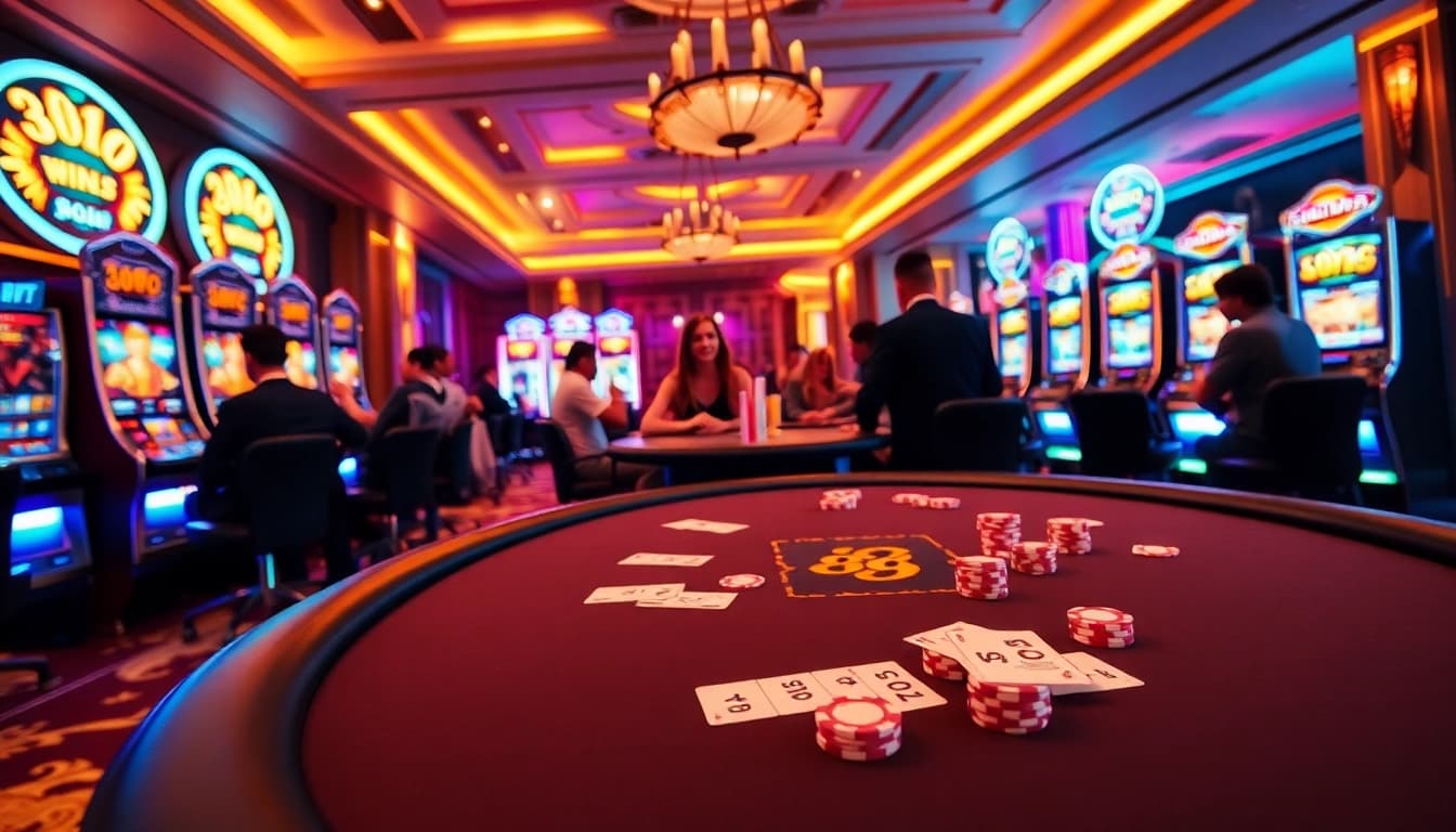 Hello88 gaming table with vibrant poker chips and cards in a lively casino atmosphere.
