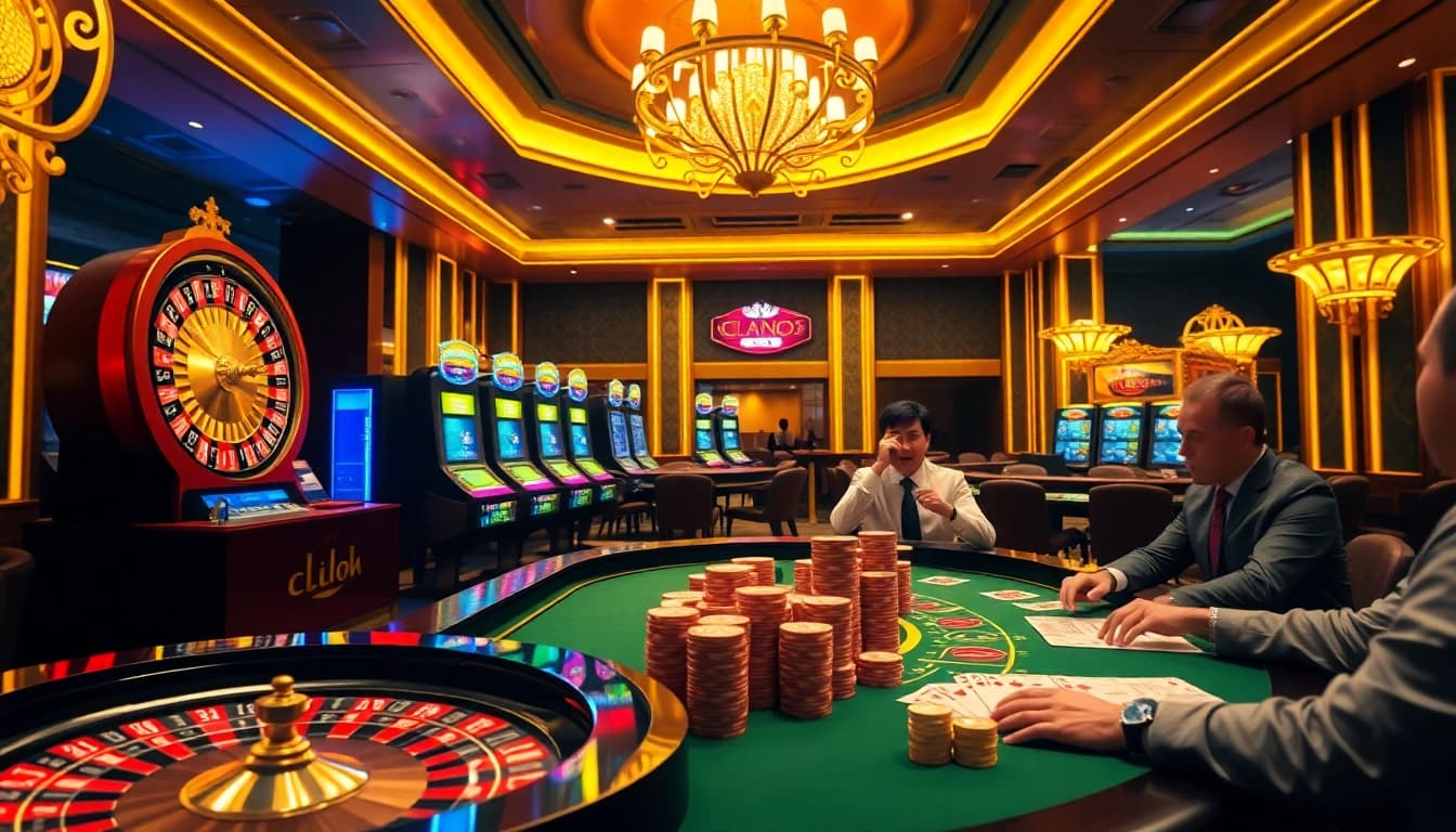 Kèo Nhà Cái 5 showcases an elegant casino scene with vibrant slot machines and poker tables, embodying high-stakes excitement.