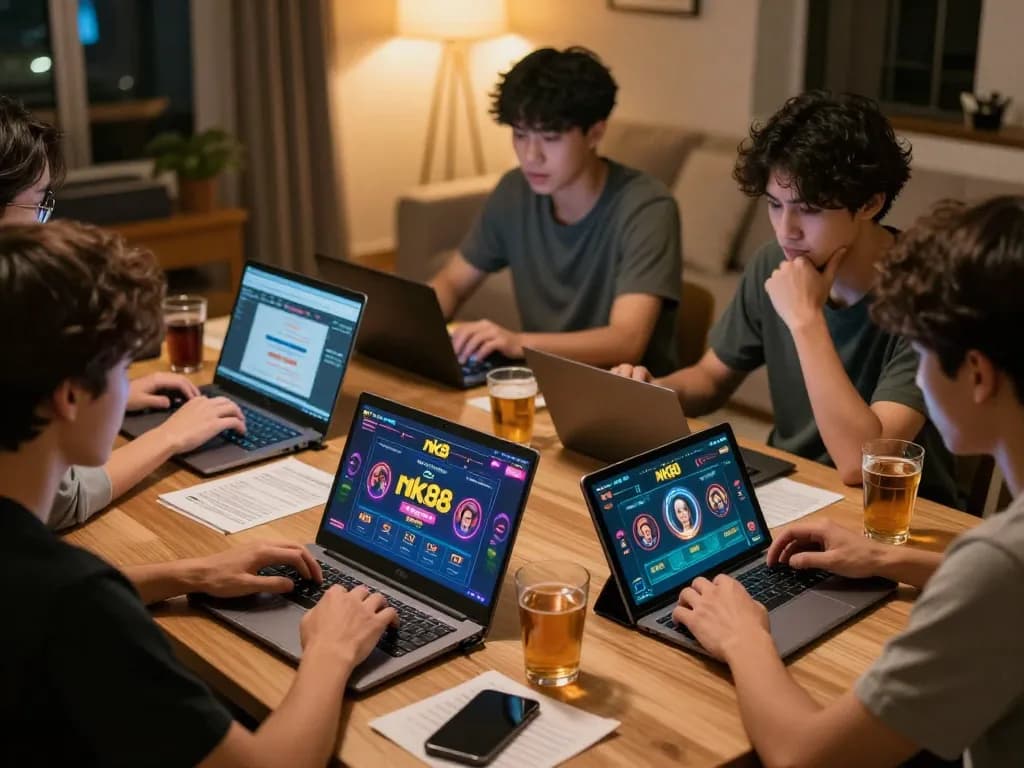 Players engaging in strategic gaming with nk88 casino app on their devices, creating a lively online gambling atmosphere.