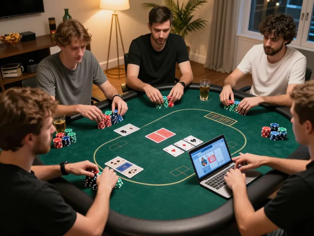 Experience the thrill of online poker as players engage in strategic gameplay in a cozy setting, showcasing 789win.