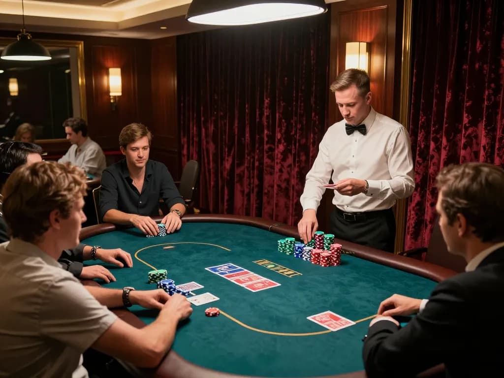 Players strategizing in a high-stakes poker room at debet, surrounded by luxury decor and engaging gameplay.