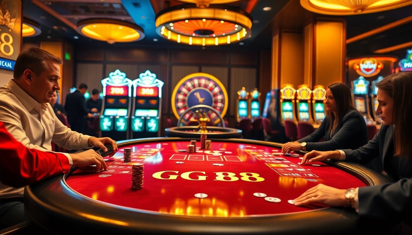 GG 88 poker game setting with vibrant slot machines and winning atmosphere.