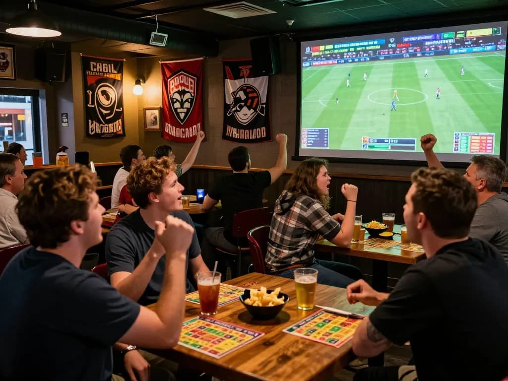 Witnessing the thrill of sports betting at a lively bar with active bets on debet.