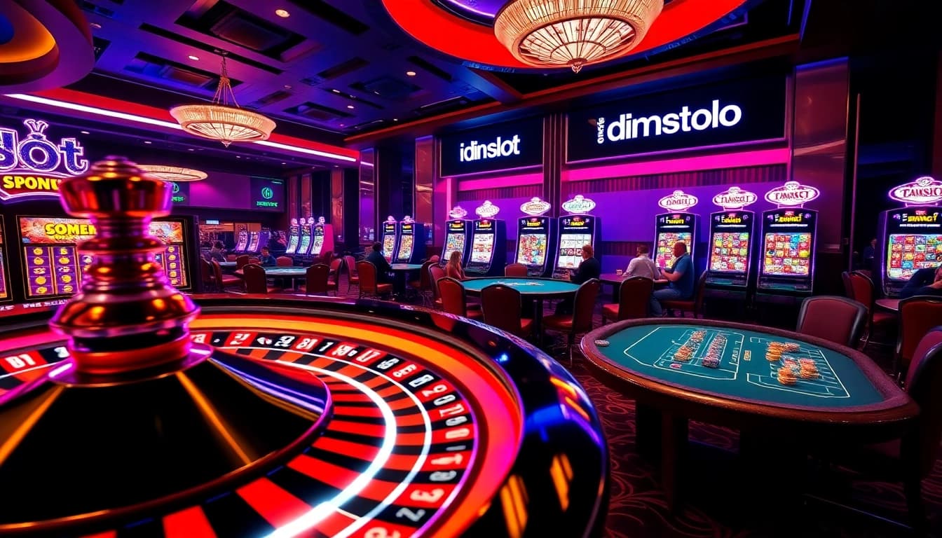 Engaging online gambling interface at a casino with idnslot showcasing vibrant slot machines and excited players.