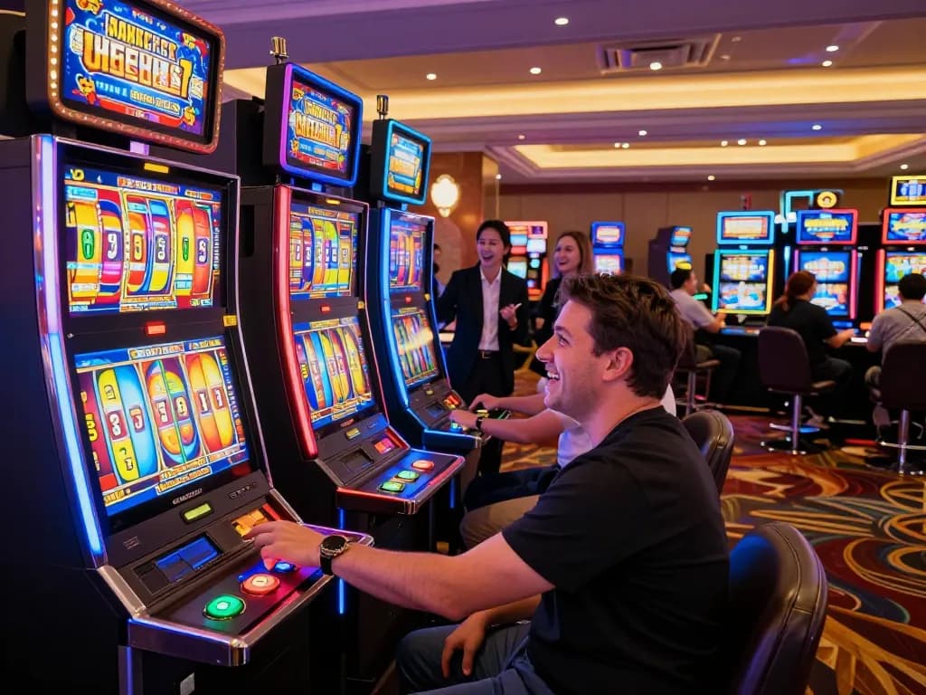 Luck8 players celebrating a win on colorful slot machines in an upscale casino atmosphere.
