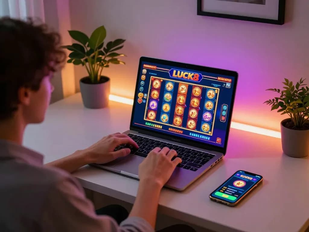 Tham gia trò chơi casino trực tuyến LUCK8 với các máy slot đầy màu sắc hiển thị trên máy tính xách tay trong một không gian thoải mái.