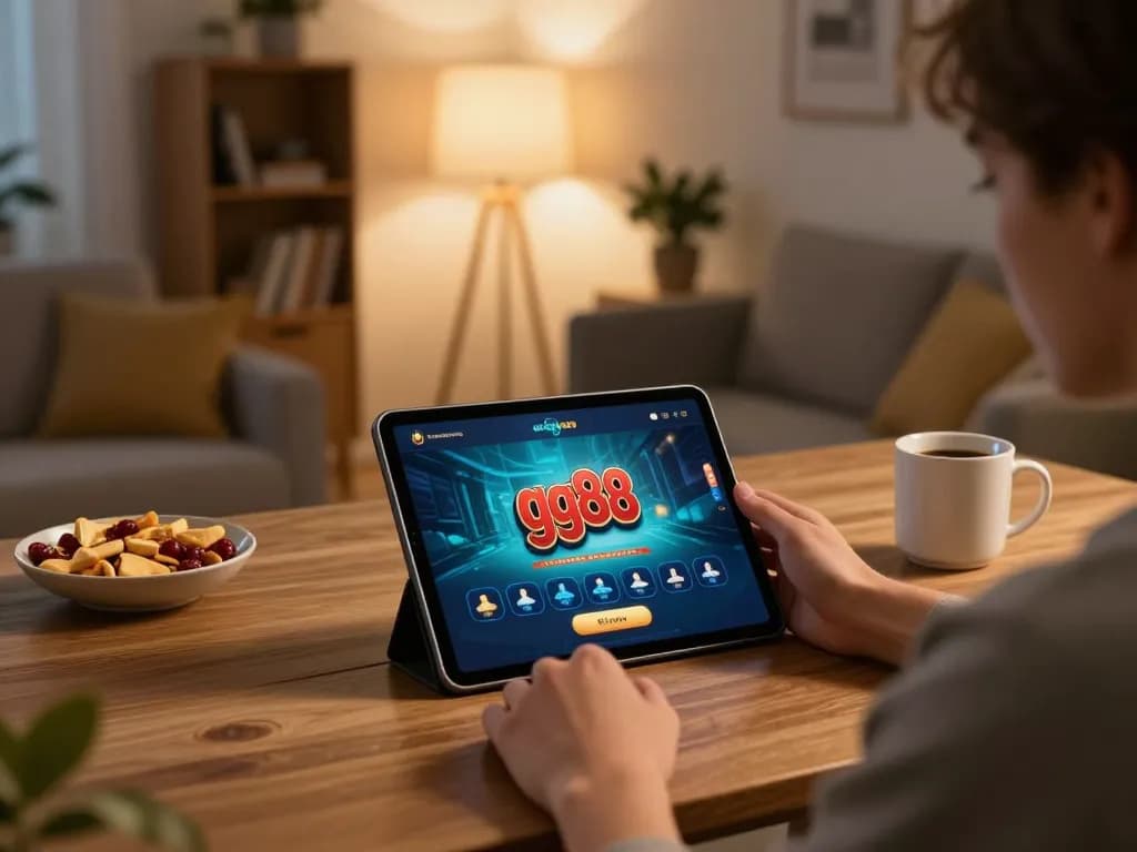 Engaging with the gg88 app in a cozy home setup, showcasing strategic online casino gaming.