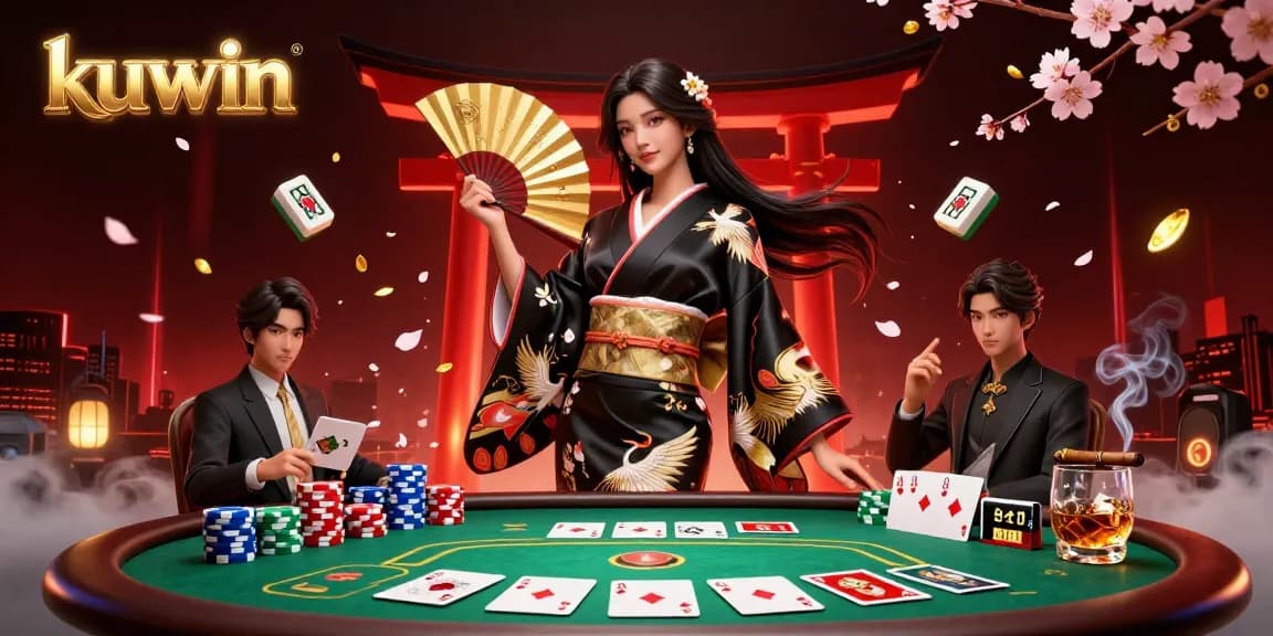 Kuwin casino scene showcasing an elegant Asian woman amidst poker and gambling elements, radiating luxury.