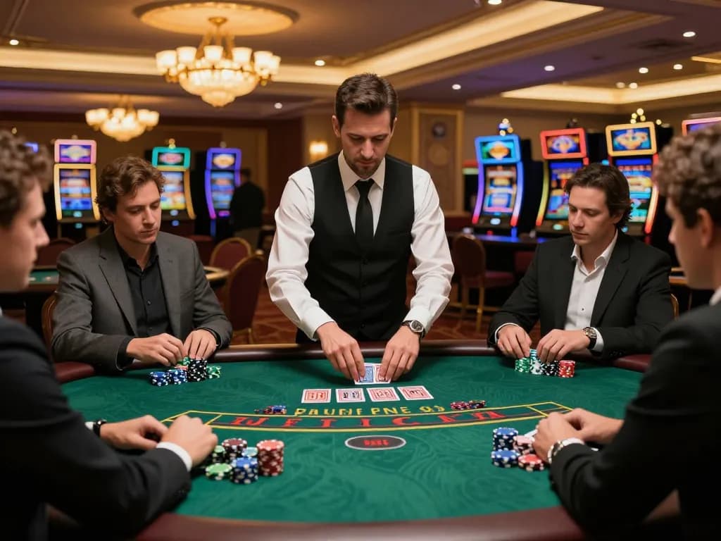 Players strategizing at a blackjack table in a luxurious casino atmosphere featuring F168 betting action