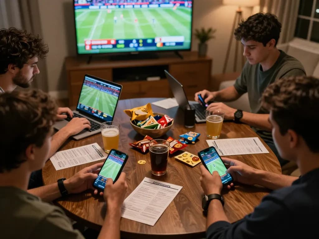 LIGA2000 sports betting excitement with friends analyzing stats and placing bets.