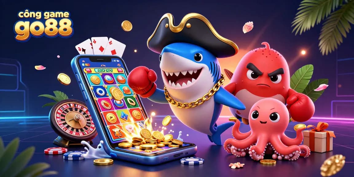 Engage with cổng game go88 through a lively casino scene featuring animated characters and vibrant gaming elements.