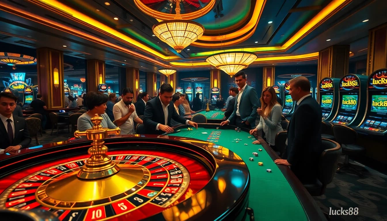 Exciting gambling action at a roulette table featuring luck88 chips in a luxurious casino environment.