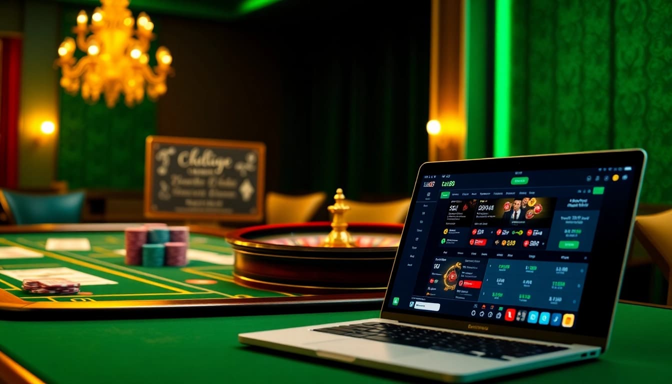 Experience the thrill of ta88 with an elegant casino table set, featuring vibrant poker chips and cards.
