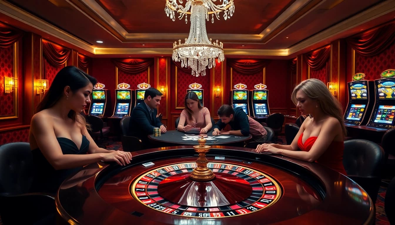 Engaging players at a roulette table in a luxurious setting, highlighting คาสิโนออนไลน์เว็บตรงในประเทศไทย.
