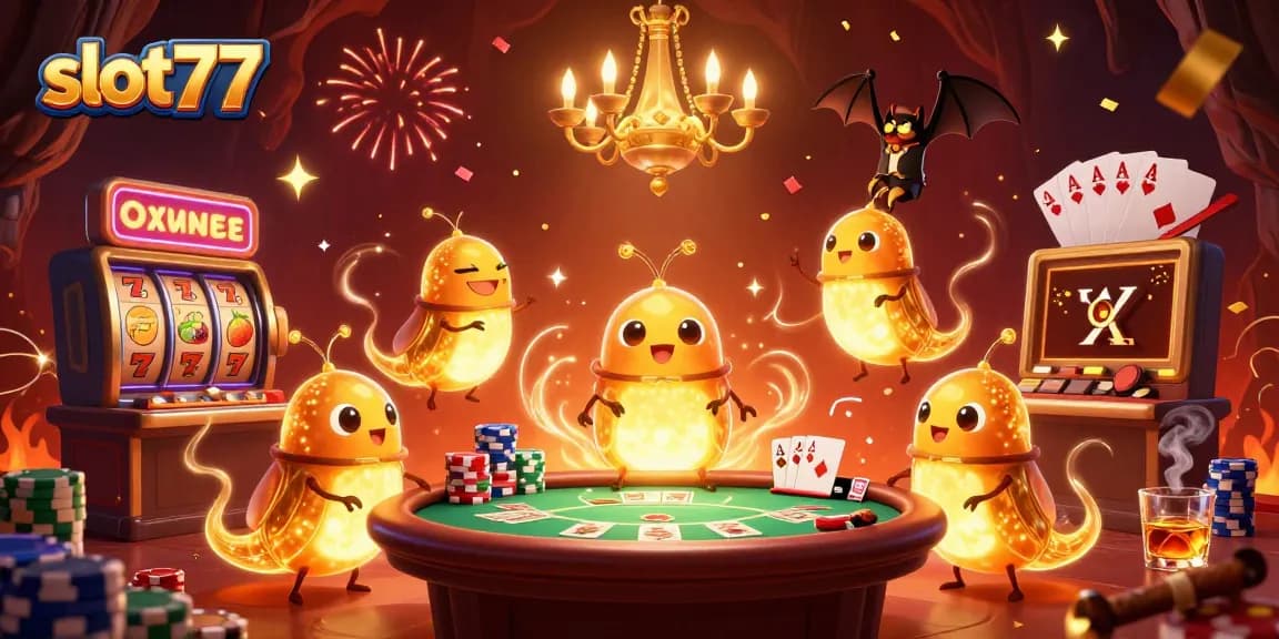 Engage with slot77 in an electrifying 3D casino scene brimming with vibrant game elements.