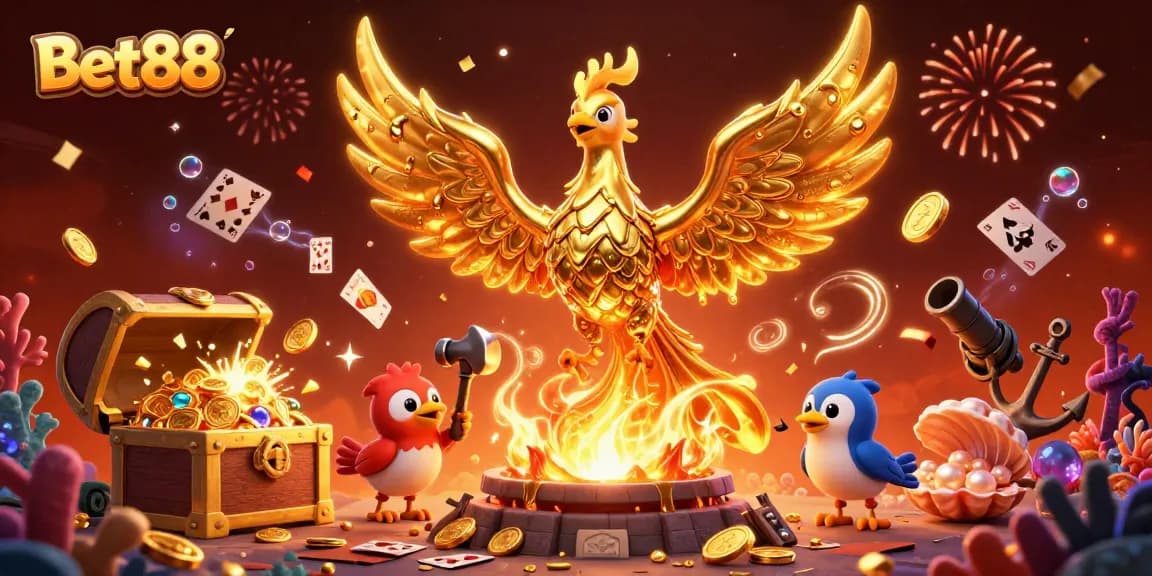 Experience the thrilling adventure of Bet88 with vibrant 3D golden phoenix and explosive treasure!